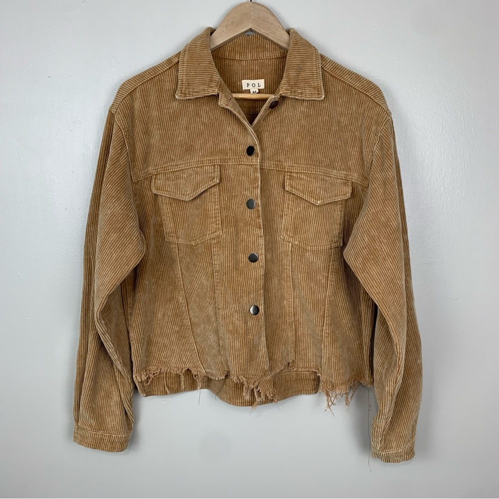 POL Clothing Frayed Hem Corduroy Trucker Jacket Shacket Teddy Bear Brown Medium